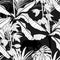 Palm bananas, orchid flower and pantera animal illustration. Black white line seamless pattern.