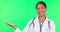 Palm, green screen and doctor or woman for healthcare presentation, offer or choice in health insurance. Happy face