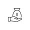 Palm holding money bag outline icon