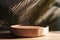 Palm Leaf Shadow Accentuates Wood Podium Dish on White Countertop. AI Generative