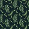 Palm leaves of acai tree watercolor seamless pattern isolated on dark. Green brunch of tropical palm, exotic leaf hand