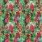 Palm leaves and parrot red macaw. Watercolor wildlife illustration, seamless pattern, jungle design