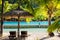 Palm luxury resort with coconut palms, swimming pool and chaise. Tropical holiday banner