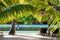 Palm luxury resort with palms, pool and chaise. Tropical holiday banner