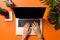 palm office computer laptop hand keyboard background business leaf orange top. Generative AI.