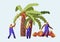 Palm Oil Producing Industry Concept with Workers Collecting Fruits or Coconuts from Palm Tree, Seasonal Work, Laborers Taking Crop