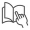 Palm points to a page in a notebook line icon, concept, education open book with hand pointing sign on white background