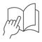 Palm points to a page in a notebook thin line icon, concept, education open book with hand pointing sign on white