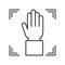 Palm print scan black line icon. Verification hand. Concept of: authorization, dna system, scientific technology, scanning.
