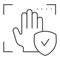 Palm recognition approved thin line icon. Verification palmprint system accepted vector illustration isolated on white