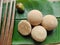 Palm sugar or coconut sugar or Jaggery On banana leaf Use flavored dishes or desserts