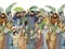 Palm Sunday, painted in watercolor, people with palm branches, Pharisees, Jews and joyful people and children meet Jesus Christ.