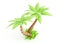 Palm tree 3d render - tropical plant with green leaves and grass for beach vacation and summer travel concept.