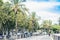 Palm tree alley with metal benches in Catania, Sicily, Southern Italy