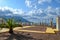 Palm tree on the background of the beach Montenegro. The Budva Riviera. Becici.