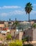 Palm tree and buildings of the city of Marrakesh in the foreground, and the Atlas Mountains in the background. Contrasts of the