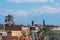 Palm tree and buildings of the city of Marrakesh in the foreground, and the Atlas Mountains in the background. Contrasts of the