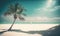 a palm tree casts a shadow on a beach with a surfer in the distance