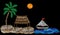 Palm tree with exotic house, boat, water and sun embroidery stitches imitation