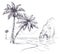 Palm tree landscape. Sketch tropical palms ocean coast, exotic island hawaii natura summer vacation poster hand drawn