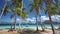 Palm tree leaves moving in ocean breeze and lonely island hopping tour boat on Ipil beach of tropical Pinagbuyutan