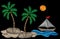 Palm tree and little boat with blue wave embroidery stitches imitation on black background