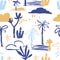 Palm tree seamless pattern. Hand drawn tropical pant leaf summer organic shapes. Beach vacation background