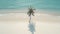 Palm tree with shadow, on a beautiful empty sand beach. Calm turquoise ocean with soothing waves. Tropical nature. Generative AI
