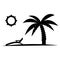 Palm tree with sun in black color. Glyph icon, relaxes. Palm tree on the beach with sonbed. Tropical floral. Summer logotype.