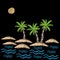 Palm tree with sun and wave embroidery stitches imitation on black background