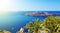 Palm tree on terrace with sea view in Firostefani village, Santorini island, Greece