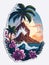 Palm tree on a tropical island with beach and sea waves, flat sticker illustration isolated on white, generative Ai