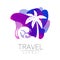 Palm tree vector silhouette at liquid background. Palma symbol, violet, blue modern style of color. Logotype for travel
