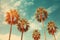 Palm trees against blue sky, Palm trees at tropical coast, vintage toned and stylized, coconut tree,summer tree ,retro