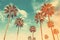 Palm trees against blue sky, Palm trees at tropical coast, vintage toned and stylized, coconut tree, summer tree ,retro