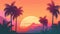 Palm trees on the background of a colorful bright sunset, red sun. Summer tropics vacation