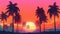 Palm trees on the background of a colorful bright sunset, red sun. Summer tropics vacation