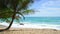 Palm trees beach front at beautiful nature landscape of blue sky and sea view seascape Morning soft sunlight shine on green coconu