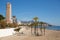 Palm trees Benidorm beach Spain Poniente playa with beautiful blue sea and sky