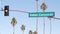 Palm trees in city near Los Angeles, street road sign, semaphore traffic lights.