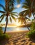 Palm trees framing sunny beach at tropical vacation destination