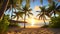 Palm trees framing sunny beach at tropical vacation destination