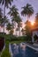 Palm trees over the pool at sunset. Indonesia. Bali