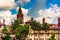 Palm trees and Ponce de Leon Hall at Flagler College, in St. Aug