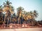 Palm trees and reed huts on a beach at sunset