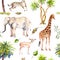 Palm trees and savannah animals - giraffe, elephant, cheetah, antelope. Zoo seamless pattern. Watercolor