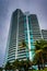 Palm trees and skyscraper in South Beach, Miami Beach, Florida.