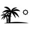 Palm trees with sun in black color. Glyph icon, relaxes. Palm trees on the beach. Tropical floral. Summer logotype. Vacation icon