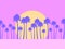 Palm trees and sunrise sun landscape. Tropical sunshine in flat style. Exotic sunset. Pink and violet color. Design for poster,