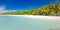 Palm and tropical beach panorama. Exotic landscape location, tropical weather and calm sea with palm trees. Luxury beach resort